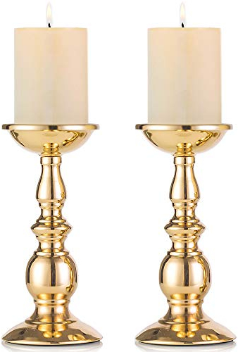 Portacandele in colonna di ferro, candelabro di tavolo per decorazione matrimoni/feste/compleanno, oggetti di scena cena a lume di candela, decorazioni candelabro vintage a casa, Oro (Oro, 2 x 22cm H)