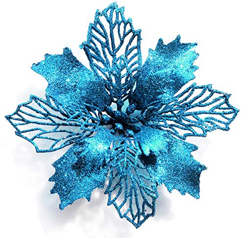 GL-Turelifes stelle di Natale artificiali glitterate, ideali come decorazione per ghirlanda natalizia e albero di Natale, diametro 16 cm, con 12 aghi verdi flessibili, confezione da 12 pezzi Blu lago