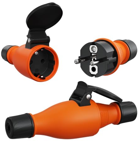 maxgo Gummistecker Gummikupplung SET Schuko Stecker Kupplung Schutzkontaktstecker Stromstecker Spritzwasserschutz Ideal für Außenbereich IP54 3-poliger 16A (SET Stecker + Kupplung)