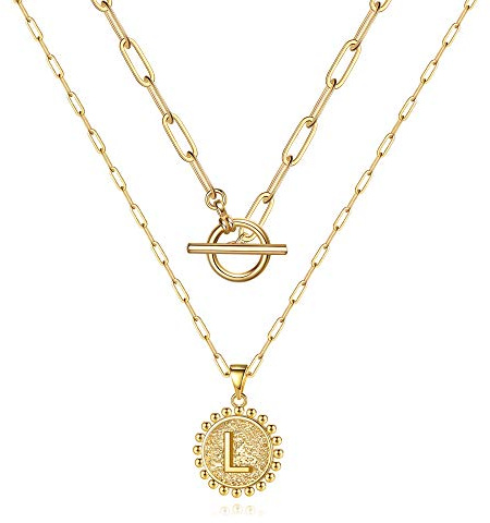 M MOOHAM Juego de collar en capas de oro, collar de latón chapado en oro de 14 quilates para mujer, collares de capas ajustables con caja con colgante de inicial, Latón