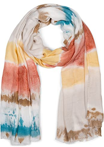 styleBREAKER Bufanda de mujer con estampado de rayas batik de colores y flecos cortos, bufanda ligera, estola 01016216, color:Óxido-amarillo-marrón