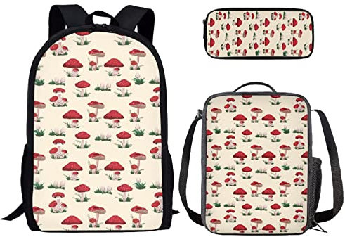 Binienty Kids Fashion Print Rucksack für Mädchen Schule Büchertasche für elementare 3 in 1 Schulranzen Sets mit Lunch Tote Bleistifttasche, Pilz-3, Einheitsgröße
