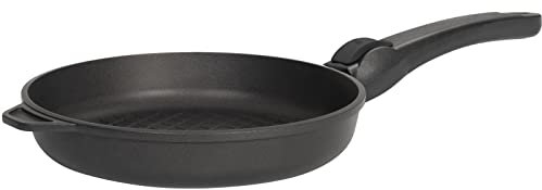 SKK große Antihaft Grill-Pfanne Ø 28 cm - ohne Induktion - runde Aluguss Bratpfanne mit gerilltem BBQ Boden & abnehmbaren Stiel - Made in Germany