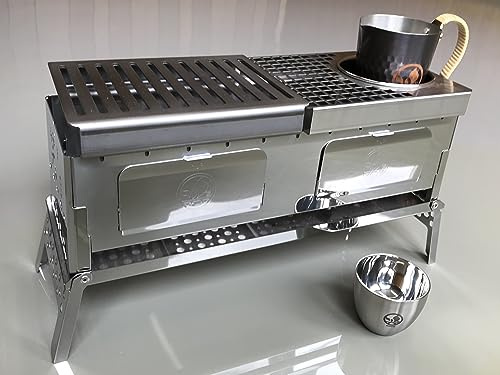 笑's Sho's B-VI-Duo, Japanese Foldable compact charcoal Grill KAN(hot Sake) Grill Set, Sake Warm & Grill Plate, Carafe, Cup