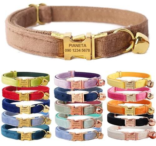 Katzenhalsband, personalisierbar mit Namen und Glöckchen, maßgeschneiderte Samthalsbänder für Welpen, Kätzchen (S (15,2 cm - 25,4 cm), braun)…