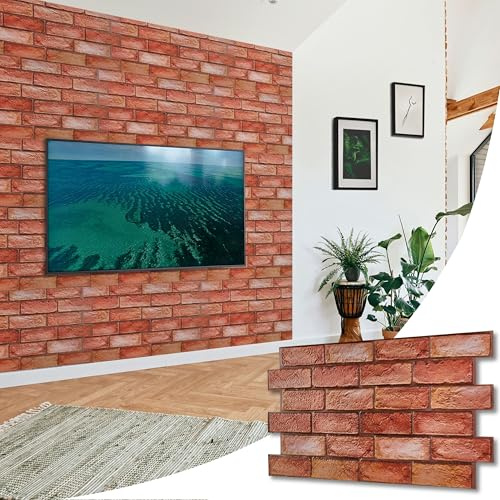 NOVECRAFTO Brick Effect 3D Wall Panels - 10 Sheets Covering 4.61 sqm | 49.6 sqf - Decorative PVC Plastic Cladding Panels - 96 cm x 48 cm | 37.80 x 18.90 in - Reddish Brown Decorative Brick Effect