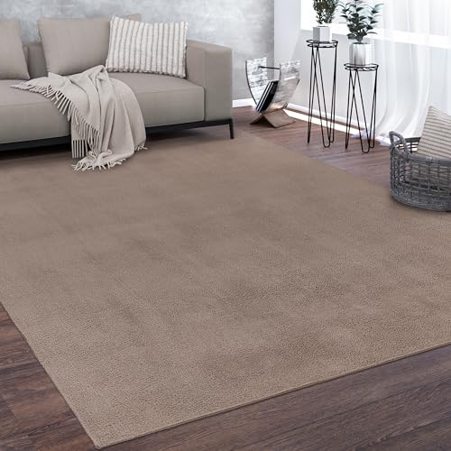 Paco Home Teppich Wohnzimmer Kurzflor Weich rutschfest Modern Einfarbiges Muster Taupe, Grösse:160x220 cm
