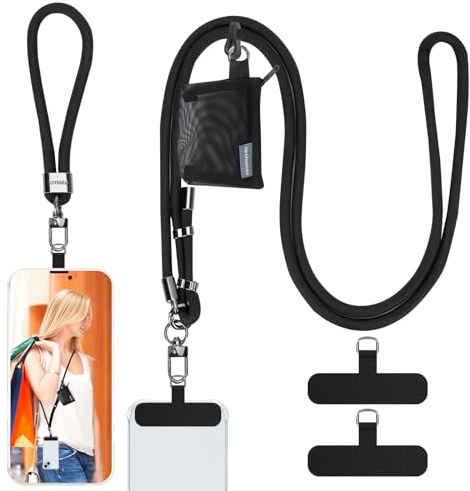 HOTEMIA Phone Lanyard and Wrist Straps, Adjustable Cell Phone Lanyard Crossbody with Detachable Wallet, 8mm Thick iPhone Lanyard for Around the Neck (Black+Wallet)