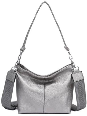 ITALYSHOP24 Damen Tasche Shopper Brusttasche Hobo Bag Schultertasche Crossbody Umhängetasche Beuteltasche Handtasche Crossover BodyBag Leder Optik Silber