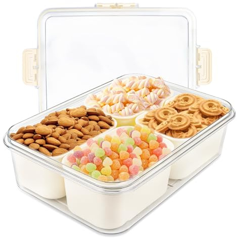 Snackslåda med fack, snackskål med lock och handtag, 8/4-fack snackstallrik, återanvändbar snackslåda organisatör för förvaring av kryddor, snackslåda barn för sötsaker nötter kex frukt (4-fack)