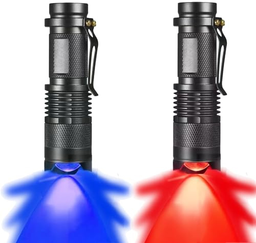 MODOAO Mini LED Flashlight with Clip, Blue/Red Light LED Torch, 3 Modes Zoomable Super Bright Flashlight, Waterproof Pocket Size Torch for Camping, Hiking, Night Vision, Night Fishing, Emergency
