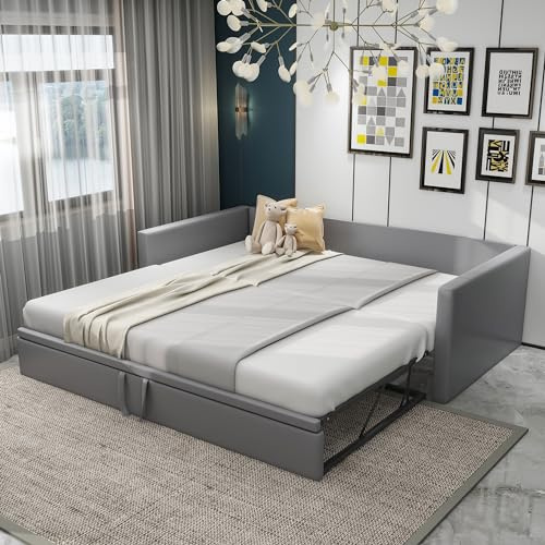 Dolamaní Tagesbett 90/180x200 cm mit Gästebett, Ausziehbett Gleiche Höhe, Bett Ausziehbar zum Doppelbett, Schlafsofa für Erwachsene 2 Personen (Hell-Grau)