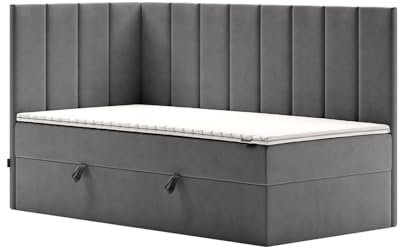 mybed. Boxspringbett Einzelbett Beti Polsterbett mit Kopfteil Jugendbett Kinderbett Dunkelgrau Velours Bonnell Matratze H2 und Topper Bettkasten 120x200 Linke Seite