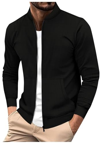 Bauzuoyo Chaqueta de punto para hombre Cárdigan de punto fino waffle Jersey con cremallera y bolsillos Chaqueta tradicional, Cárdigan tejido Sudadera deportiva de invierno para exteriores Chaqueta