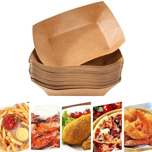 Karkar 50 Stück Pommes Schalen Pommesschalen - Fingerfood Schalen Kraftkarton Schalen, Öl und Wasserbeständig für Pommes, Snack, Salat