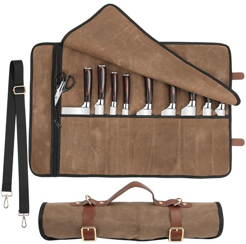 JOINDO Knife Roll with PU Leather Straps and Metal Buckles, Double Layer Waxed Canvas Knife Bag, Large Chef Knife Bag with Handle and Shoulder Strap