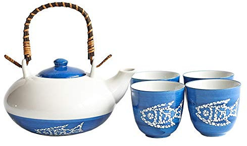Set da tè con smalto a motivo di pesce, teiera in stile giapponese con manico e set da tazza da tè, servizio per 4 adulti, splendidamente confezionato, in scatola regalo, eccellente decorazione per l