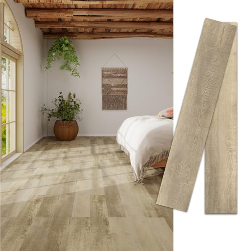 MULGREAT Peel and Stick Vinyl Flooring, 16Pieces Floor Tiles Self Adhesive Waterproof Wood Grain Planks, DIY for Bedroom, Kitchen, Khaki