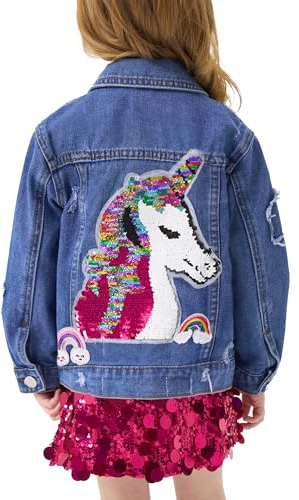 Miipat Girls Denim Jacket Sequin Patchwork Toddler Jean Jacket Button Down Fashion Jeans Coat with Pockets Long Sleeve Outerwear for Kids 110 4-5 Years