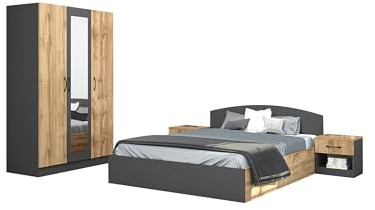 Camera Matrimoniale Completa con Letto Contenitore 160x200 cm, Armadio con 3 Ante Soft Close, 2 Comodini, Arredamento Camera da Letto Rovere e Antracite CMG41 (Solo camera)