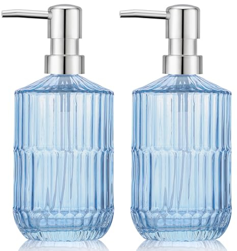 Segus Blue Soap Dispenser, 2 Pieces 450ml Glass Hand Soap Dispenser, Empty Pump Bottle, Refillable and Leakproof, Bathroom Accessories (With Silvery Pump Head)