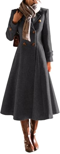 IDEALSANXUN Long Wool Coat for Women 2025 Fall Winter Double Breasted Trench Coat Coatigan Peacoat Maxi Dress Jackets, Dark Grey, L