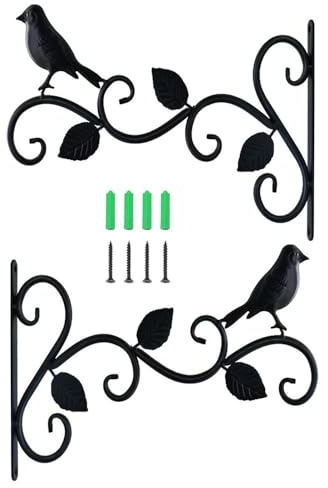 Changyeah Pflanzenhaken Blumenampelhalter,2 Stück Blumenampel Haken,Schwarz mit Blatt Vögel Deko Hängekorb Halterung Eisen Pflanzenhalterung Wandhaken mit Schrauben Hängepflanze Haken