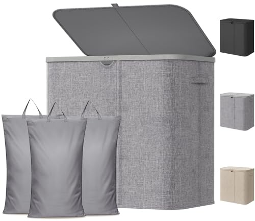 Lifewit 150L Wäschekorb mit Deckel, Großer Faltbar Wäschesammler 3 Fächer mit Abnehmbaren Taschen, Hoher, Wäschesortierer aus Kunststoff für Schlafzimmer, Badezimmer, Wohnheim, Waschküche, Hellgrau