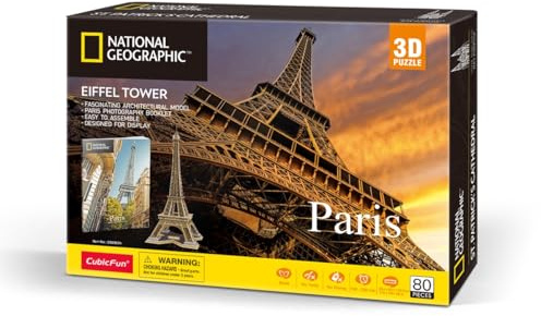 CubicFun 660998 National Geographic 3D Puzzle, Eiffelturm, Eiffel Tower 3D Modell Bastelset mit 80 Teilen, Modellbausatz für Kinder ab 8 Jahren