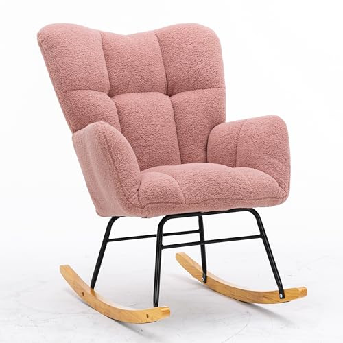 WEALTHOUSE Mid-Century Schaukelstuhl Teddystoff,getuftete Rückenstütze,gepolsterter Sitz,ergonomische Armlehnen,Holz-Kufen,leise Filzgleiter,Wohnzimmer Schlafzimmer Relaxsessel Stillstuhl (Rosa)