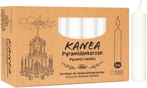 KANEA 24er Pack Pyramidenkerzen - Weihnachtskerzen für Pyramiden - Weihnachtspyramiden Baumkerzen aus Wachs - Christbaumkerzen 7 cm groß, 14 mm Ø - Weiß
