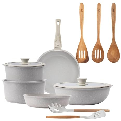 Batería de cocina 10 Pzs Beige/Mango extraíble,3 Sartenes,2 Cazos,Tapas y Utensilios+Set 3pcs utensilios de cocina