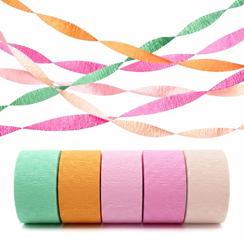 SOLVIO Premium Crepe Paper Streamers Party Decorations, 5 Rolls Pastel Colors for Birthday Decorations, Spring Garden Party, Wedding, Bridal Shower, Engagement and Baby Shower Decor