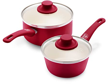 GreenLife Soft Grip 1QT and 2QT Saucepan Set, Healthy Ceramic Nonstick, Non Toxic PFAS & PFOA-Free, Dishwasher Safe, Glass Lids, Stay-Cool Handles, Easy Clean Cookware, Kitchen Essentials, Red