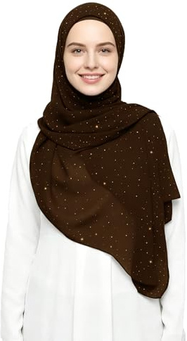 Lina & Lily Hijab Pañuelo Mujer Musulmana con Brillos Dorados Tela de Chifón Premium 72 x 190cm (Marrón Chocolate)