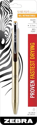 Zebra Pen, SARASA Grand Retractable Gel Pen, Solid Brass Barrel, Fast-Drying Black Ink, 0.7mm Point, Ideal for the Left Handed, Eliminates Smudging, Gold Brass Barrel, 1-Pack, (45511)