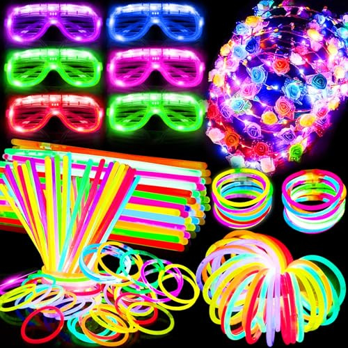 112 Pcs Glow in The Dark Party Supplies Glow Sticks Bulk LED Neon Party Favor Light Up Toys Gifts Kids Adult 100 Glow Sticks Necklaces Bracelets/6 Light Up Glasses/6 Led Headbands Easter Basket