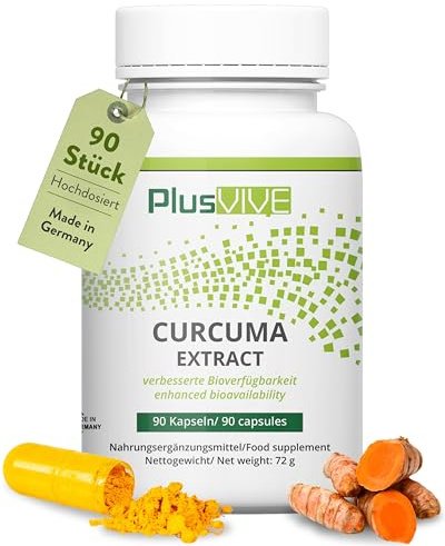 PlusVive Curcuma Extract Kapseln hochdosiert I 1x 90 Kapseln I 200mg Kurkuma Extrakt & 450mg Kurkuma Pulver I Kurkuma Kapseln mit Piperin, Papain & Spirulina I vegan & laborgeprüft