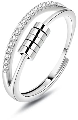 Deyanse Anxiety Ring, 925 Sterling Silber Anti Stress Ring, Bead Spinner Angst Ringe für Frauen Damen, Angstring Silber Verstellbar ringe, Offen Einstellbar Spinner Fidget Ring Anti-stress Ring