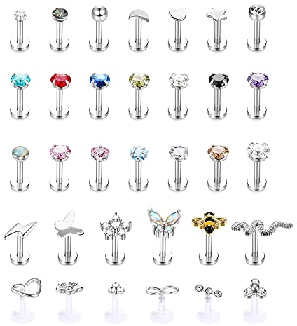 Kakonia 33stk 16G Lippenpiercing Medusa Piercing Edelstahl Lippenringe für Damen Herren Ashley Labret Piercing Lippe Nasenstecker Biene Schmetterling Blume Schlange Tragus Piercing Ohr 6MM