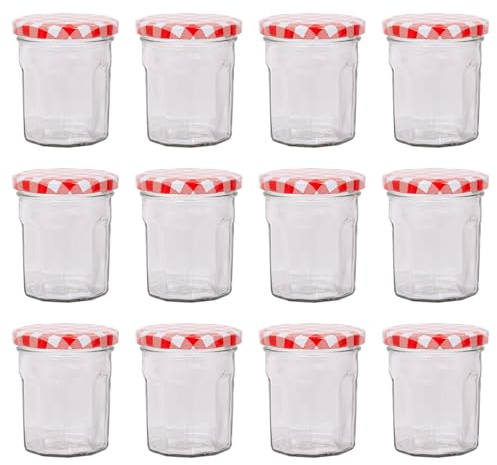 Argon Tableware Glass Jam Jars with Airtight Red Gingham Lids - 150ml - Pack of 12 - Empty Screw Top Kitchen Storage Jar for Food, Honey, Spice, Pickling, Preserving, Candle Making