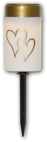 Lampe funéraire solaire LED COEUR, blanc/or, hauteur 12 cm, diamètre 7 cm, capteur crépusculaire, piquet de terre, imite une flamme naturelle