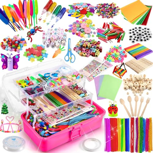 Gutenguy 3200+ Bastelsets für Kinder Bastelmaterial in Bastelkoffer, 32cm 3-Regal Mehrzweck Bastelbox DIY Bastelzubehör Bastelbedarf Material Set (Rosa)