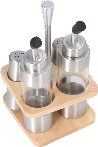 Gewürztopf, 5-Flaschen-Glas-Öl- und Essig-Set, Salz- und Pfefferstreuer-Set mit Halter, Menage-Set, Salz- und Pfefferstreuer und Öl- und Essigflaschen, Glas-Gewürzspender for Küche, Restaurant, Grill