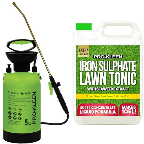 Pro-Kleen Liquid Iron Sulphate Ferrous Conditioner 5L - Fertiliser, Grass Greener & Turf Hardener with 5L Garden Pump Sprayer – Prevents Lawn Disease for Healthier Grass