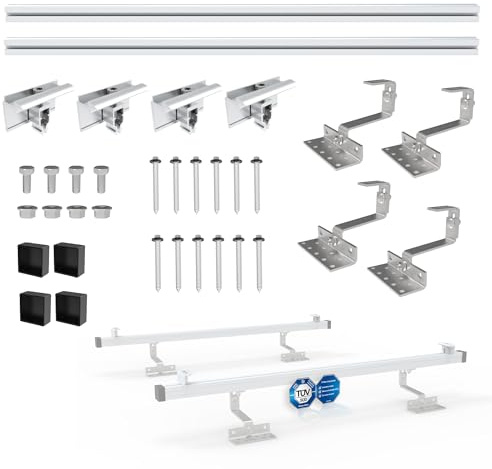 NuaSol PV Photovoltaik 1er Montage Set Ziegeldach Befestigung Schiene Dachhaken - inkl.Solar Aluprofil ,Endkappen , 35 mm Endklammern , bis 115 cm Breite und 35 mm pro Modul