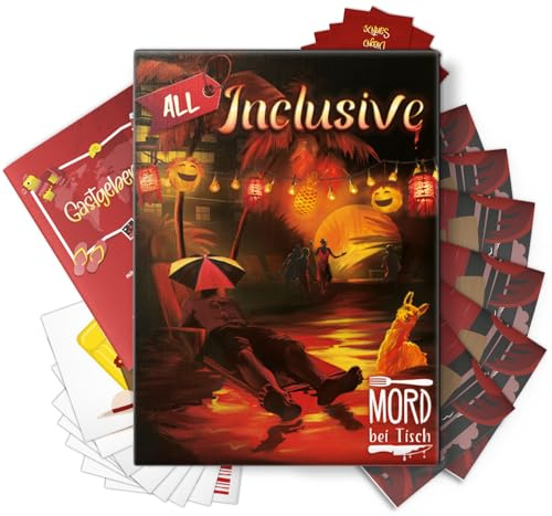 MORD bei Tisch Krimidinner für Zuhause - 4 bis 6 Personen - Der All Inclusive Fall - Das Krimi Spiel ab 16 Jahren – Ideal als Krimi Dinner für eine mörderische Dinnerparty