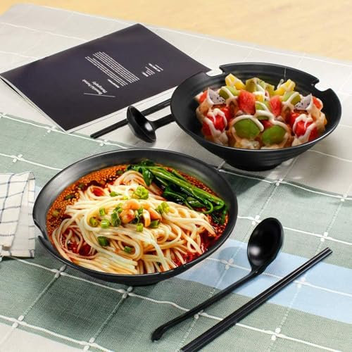 Lanbent 1 000 ml soppskål, plastskål, 2-delad japansk Lamian nudlar skålset, med ätpinnar och skedar, kök, restaurang, hotellporslin för sallad, ris, dessert, pasta, svart