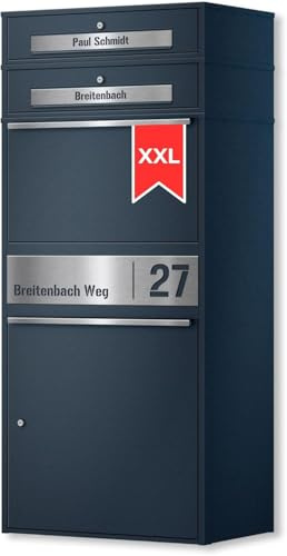 Metzler Scatola per pacchi con 2 cassette postali, Cassetta delle lettere per esterni XXL con incisione personalizzata in acciaio inox, scomparto pacchi grande, antracite RAL701, Ideale per 2 famiglie