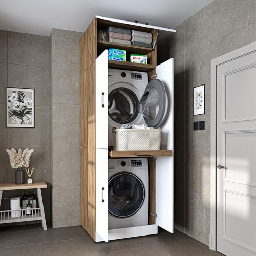 ROOMART Dora Armoire de machine à laver, pour sèche-linge et machine à laver, en 4 couleurs, avec portes et planche coulissante (chêne blanc, hauteur 230 cm)